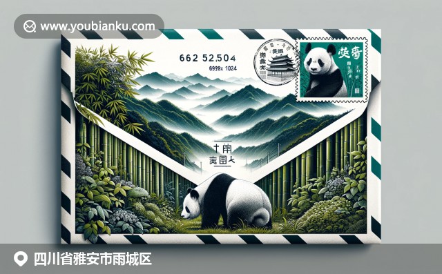 雅安特色元素裝飾的主題郵件信封，展示熊貓、綠竹、茶園和山巒，體現自然風光和文化遺產