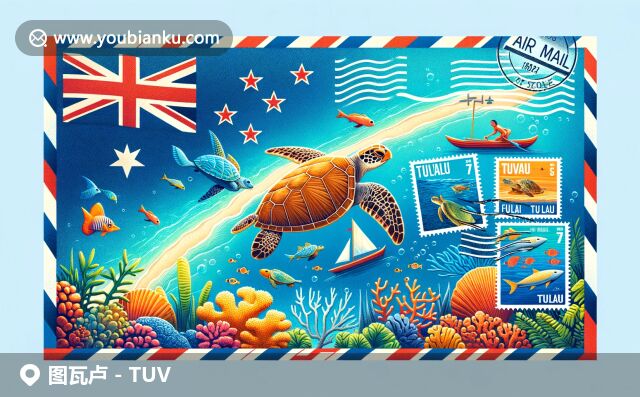 图瓦卢岛国地理和邮政特色融合：国旗、岛屿地图、珊瑚礁、海洋生物和独木舟邮票在航空信封中展现