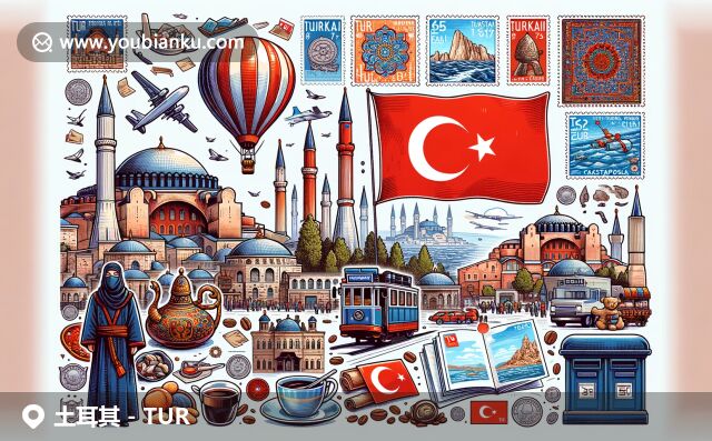 土耳其独特文化与邮政元素的融合，展现圣索菲亚大教堂、蓝色清真寺和热气球飞行的场景