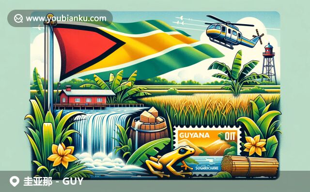 圭亚那自然与邮政的融合，展示凯恩特瀑布、金色箭毒蛙与甘蔗水稻田