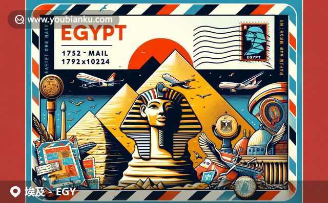 埃及文化與現代插畫風格的完美融合，金字塔、獅身人面像與郵政元素交織