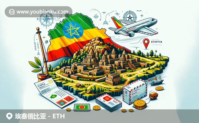 現代插畫展示衣索比亞國旗、地圖、洛克教堂和郵政元素