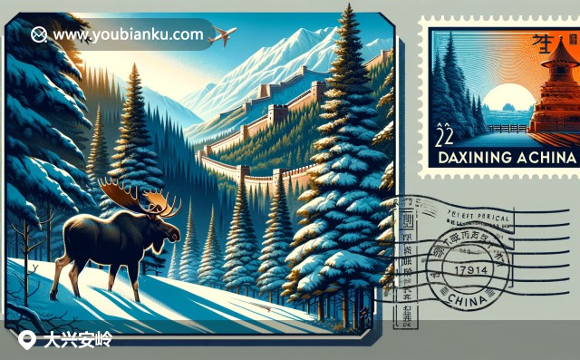 大興安嶺的雪景和駝鹿，展現自然純淨與美麗，融入中國特色長城郵票與郵戳