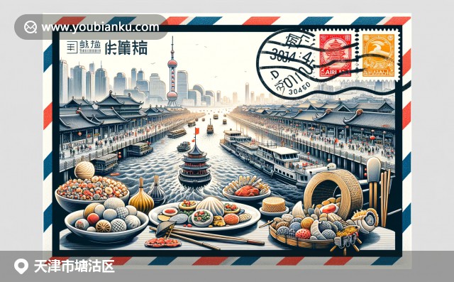 天津塘沽地標特色，碼頭、海河與狗不理包子，融合現代航空郵件元素