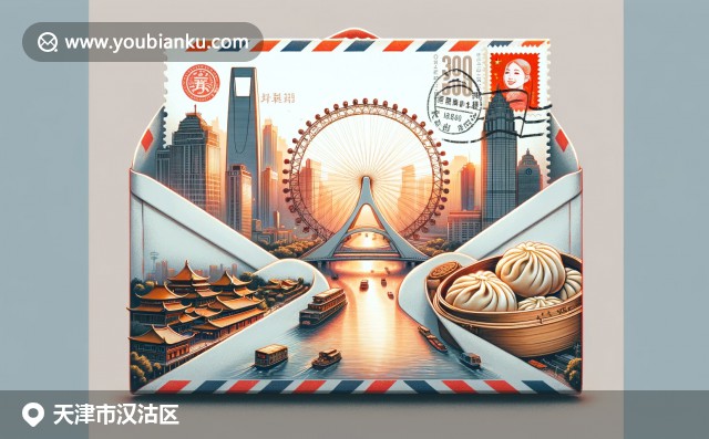 天津汉沽区文化与邮政融合，展现海河景观、天津眼摩天轮和中国饺子