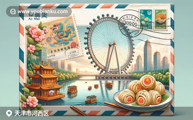 天津地标建筑与狗不理包子，融合中国风航空邮件设计，展现河西区特色与现代插画技巧