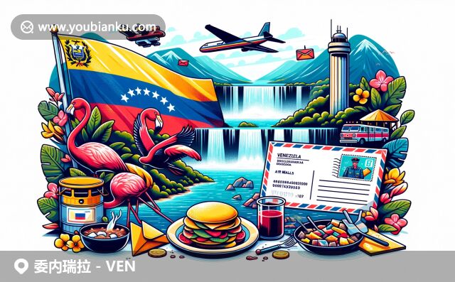 委內瑞拉郵編查詢頁面設計，展現國旗、地圖輪廓、安赫爾瀑布和阿雷帕食物，充滿活力。明信片、航空信封、郵票和郵戳構成現代插圖風景，適合郵政編碼查詢網頁展示