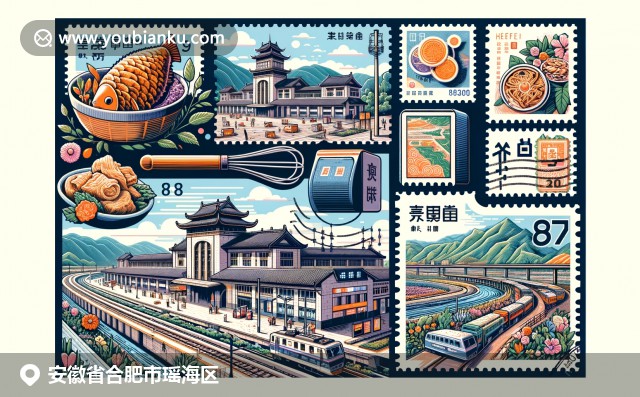 合肥现代科技与历史老街融合展现，搭配地道美食臭鳜鱼，场景设定在中国邮政航空信封上