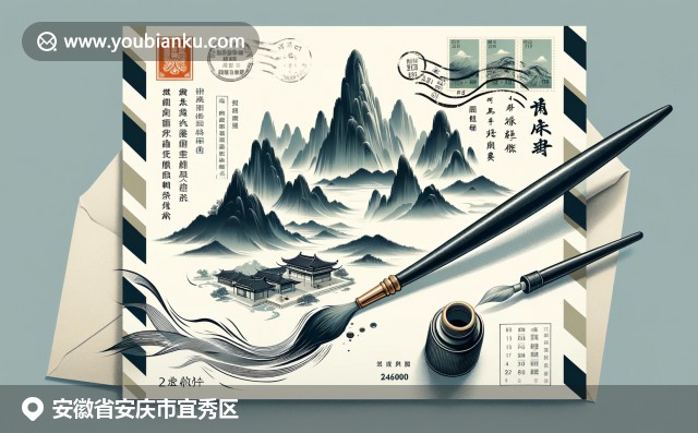 融合了天柱山风光与中国传统水墨画的安徽宜秀区邮政主题插图，展现出中国邮政文化和自然美景的奇妙结合