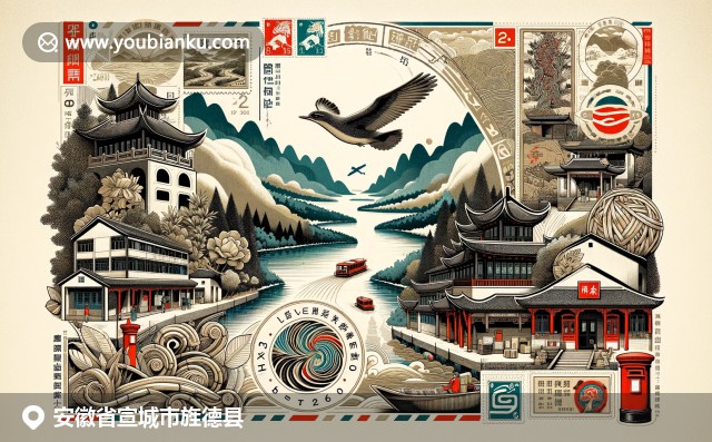安徽宣城旌德县水阳江、慧明寺和竹艺工艺的特色展示，融入复古邮政元素