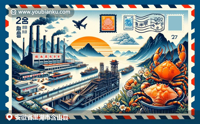 含山地域特色描绘：工业象征、自然美景、大闸蟹美食与航空邮件信封
