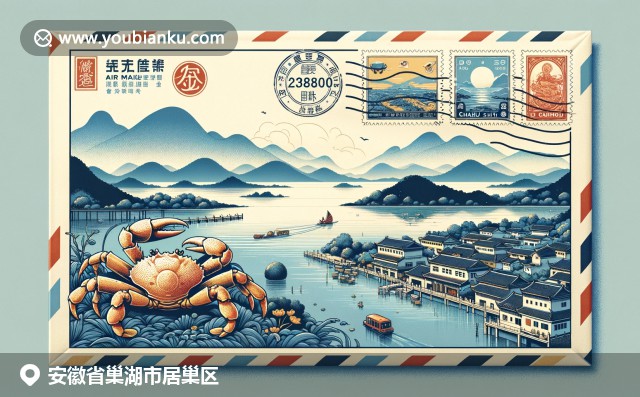安徽自然和历史的融合，展现巢湖景色与大闸蟹特产，融入中国邮政元素