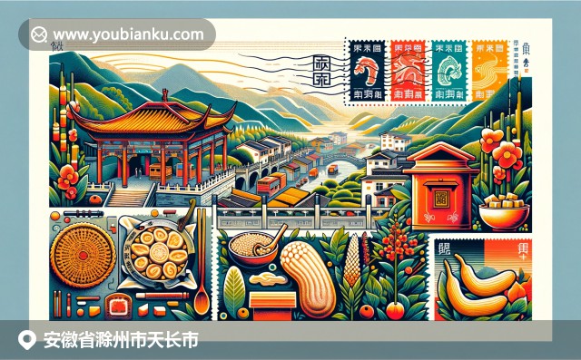 天長市地域特色展示：郵政元素與歷史橋樑、水稻田、特色美食的完美融合