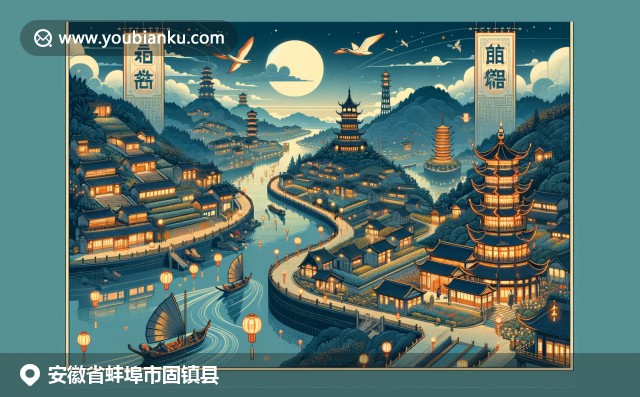 安徽省蚌埠市固镇县的夜渔文化、清凉山景色与特色美食，结合中国邮政元素