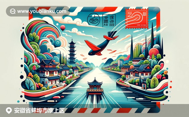 淮上区文化符号融合：龙子湖、淮河、中国画元素与邮政标志