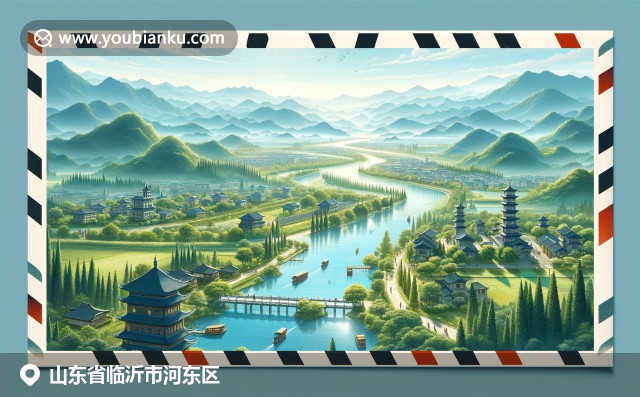 蒙山秀美景色，臨沂河蜿蜒流淌，山東魯菜豐富多彩，巧妙融入航空信封設計