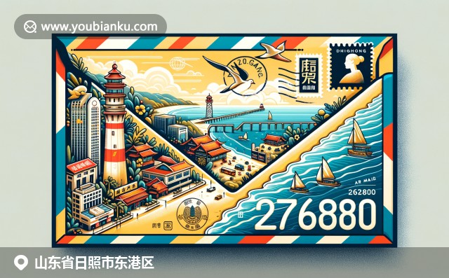展現日照市東港區海洋之美，航空郵件信封裝飾著金色沙灘和燈塔，傳達郵政編碼276800