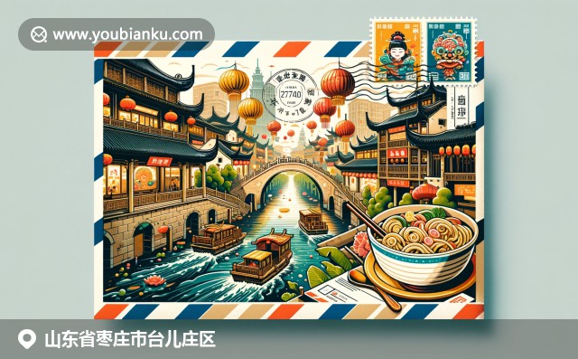 山东台儿庄区文化传统的现代诠释，展现运河、灯笼节和面食文化，融入邮政元素