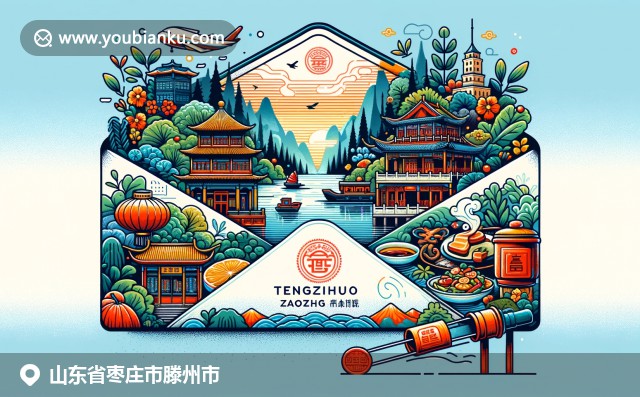 现代化的滕王阁与盛开的桃花，搭配中国风邮政明信片