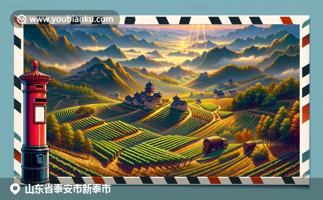 展現山東新泰市泰山景觀與葡萄農業，融入中國郵政文化明信片元素