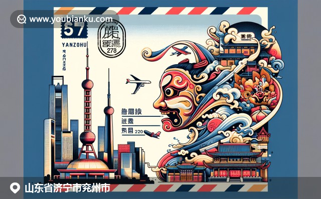 兗州市水滸城、中國戲劇面具與濟寧烤雞的多元文化融合，結合航空郵件元素展現地方特色