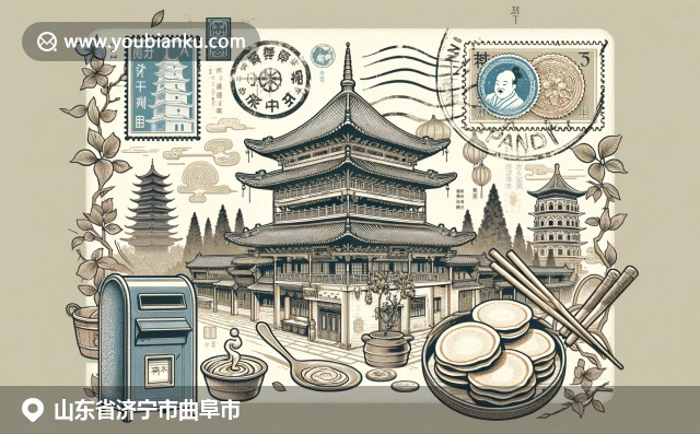 現代插畫展示曲阜孔廟與中國郵政元素，色彩鮮明線條流暢
