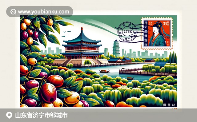 山东邹城：孔庙、金魁公园与枣果的文化巧融，现代插画风格结合明信片元素
