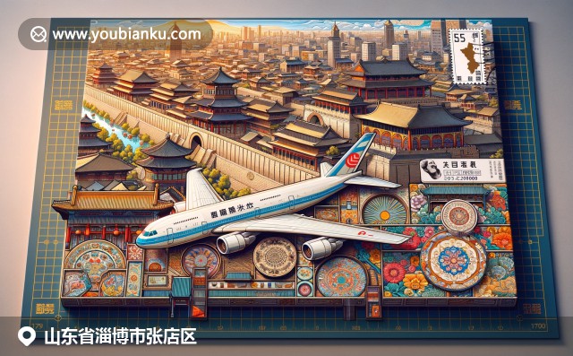 淄博張店區古城牆與現代航空郵政元素交相輝映，融合傳統陶瓷工藝