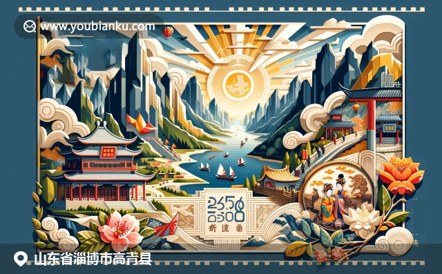 山东高青县融合自然美景、传统剪纸艺术与桃花节热闹场景，展现地方文化特色与生活气息