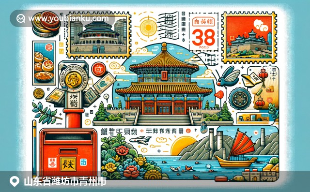 青州古城牆與花卉，融入郵政元素，展現青州歷史文化與花卉之鄉身份
