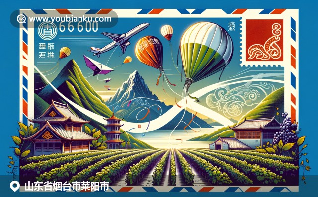 莱阳市地域特色与文化传承的现代诠释，展现烟台山、葡萄园和传统中国风筝，融入航空信封元素