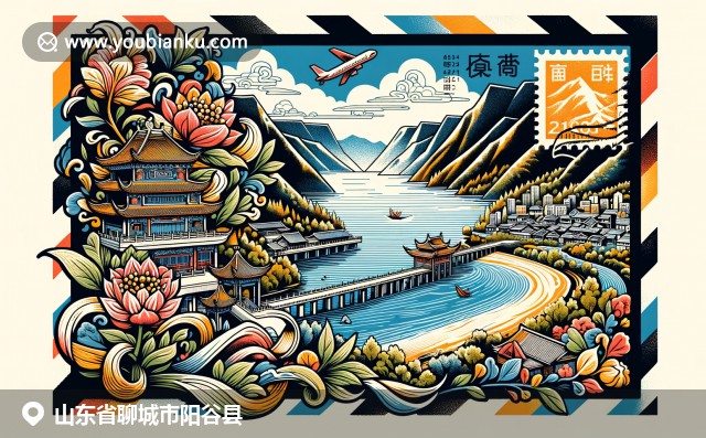 山東陽穀三大標誌：東昌湖、剪紙藝術與大蒜，融入航空郵件元素