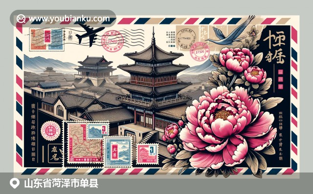 單縣文化地理精髓：牡丹花、傳統中國建築與郵政元素結合