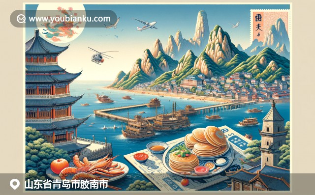 現代插圖，融合青島地標棧橋與膠南海岸線，郵政編碼266400和中國郵政元素