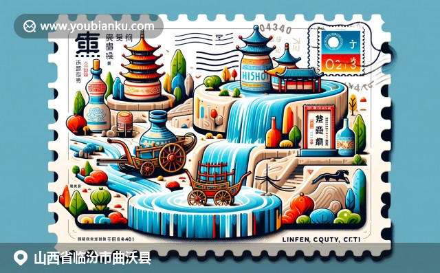 山西曲沃县邮政文化明信片，呈现壶口瀑布、山西醋瓶和古代战车，融入中国风邮票与邮戳