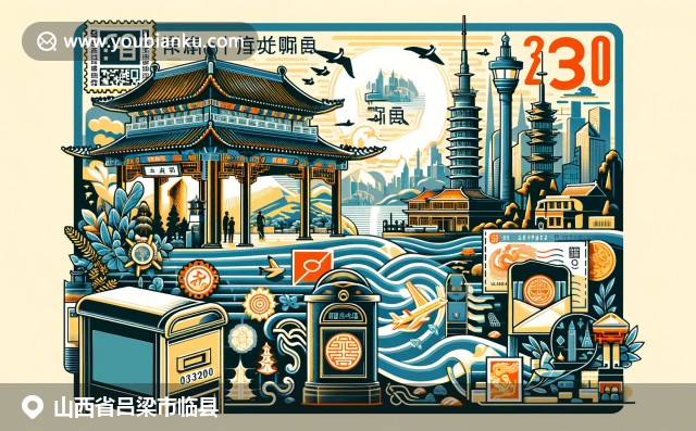山西临县壶口瀑布与风筝，展现自然美与传统文化，融入中国邮政元素