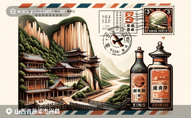 山西兴县悬空寺，巧妙建在恒山悬崖，融合自然，展示老陈醋瓶和长城邮票