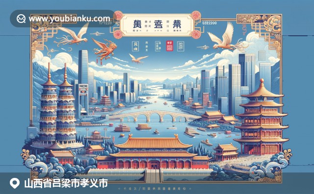 山西孝义市文化特色插图，展现紫金山大佛、临汾古城、油糕美食和航空邮件元素