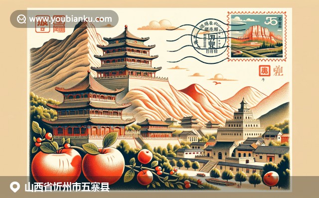 山西五寨县自然、美食与邮政的完美融合，展示五台山景观、面食文化和传统邮政元素