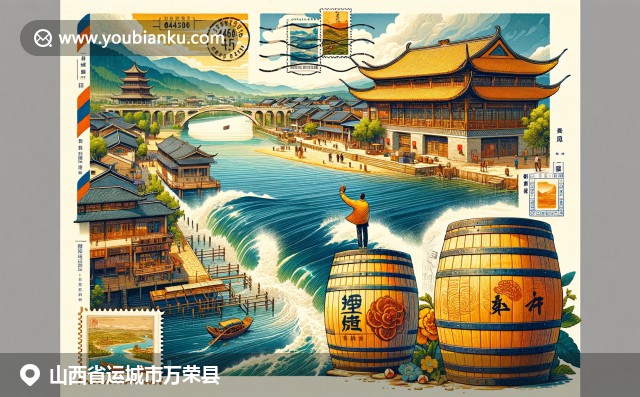 万荣县黄河风光、传统醋桶和后土庙建筑的结合，展现地方特色与历史文化