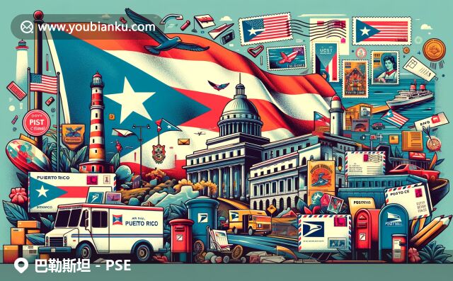 波多黎各邮政编码页面设计：旗帜、地标、明信片、航空信封与邮政元素融合
