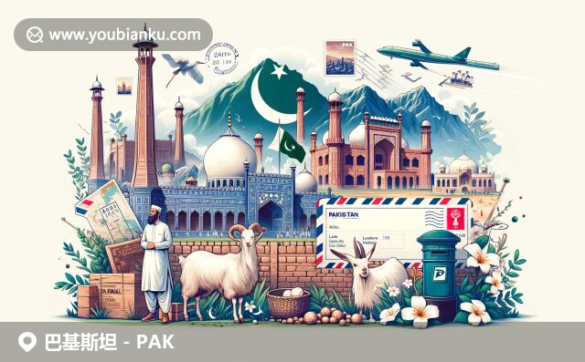 巴基斯坦文化和自然的完美融合，展现清真寺、山脉和板球文化，搭配邮政元素