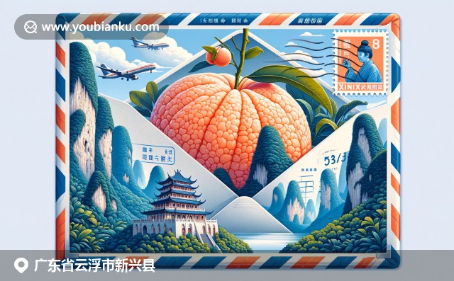 广东新兴县泮龙洞、六祖寺和柚子元素融合于航空邮件信封，展现自然、文化与邮政和谐之美