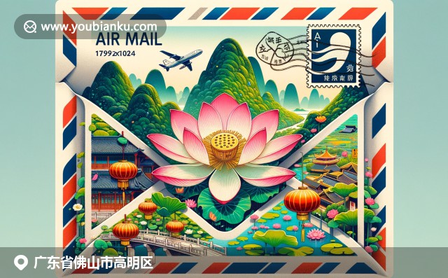 廣東高明區文化與地理的跨界呈現，融合航空郵件元素與西樵山、蓮花、中國燈籠