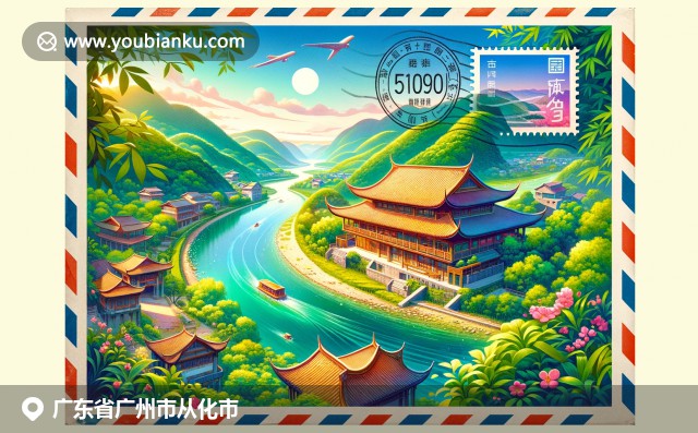 广州从化自然与文化融合，展现流溪河风光、温泉氛围和粤式建筑，创意邮政主题展示