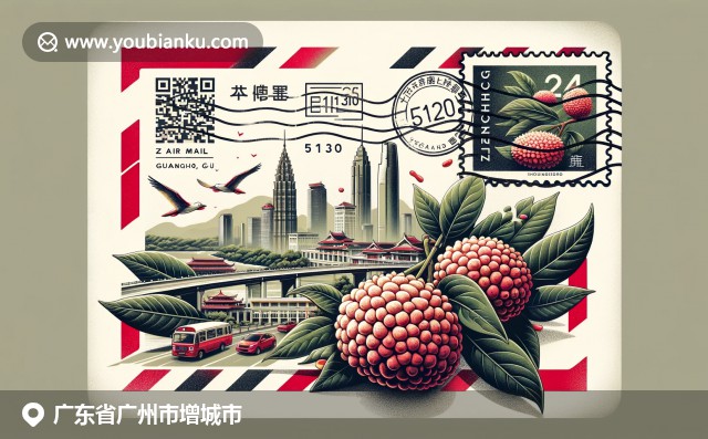 現代設計的航空郵件信封，展現增城荔枝、白水寨瀑布和廣場塔，結合郵政編碼