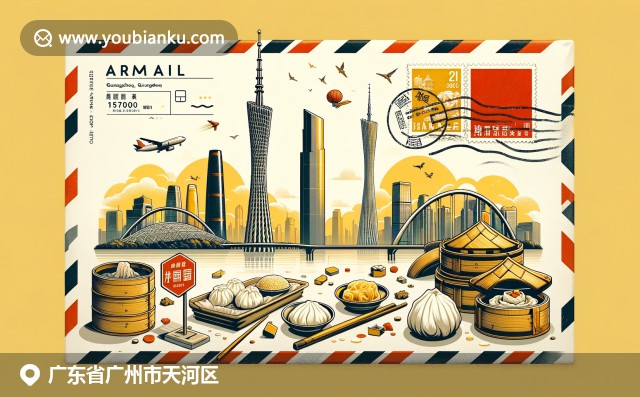 廣州天河區現代風貌：廣州塔、粵式點心與現代天際線，融入航空郵件元素