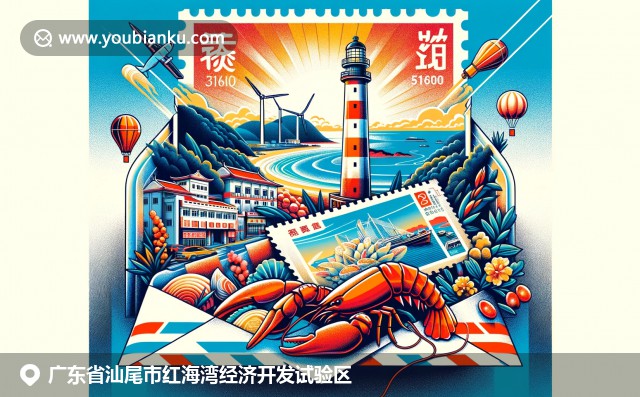 廣東紅海灣經濟試驗區，汕尾燈塔、海鮮和標誌性景觀構成生動郵政主題畫面