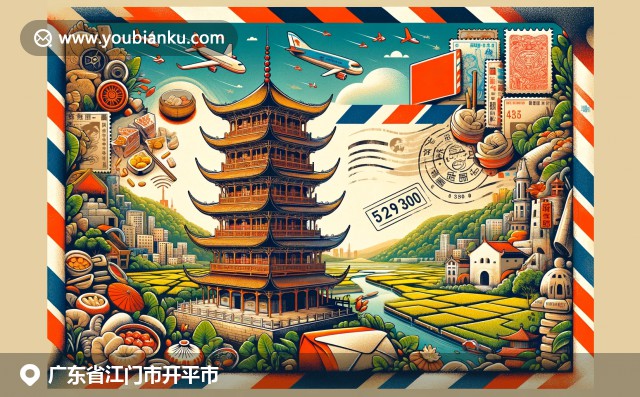 广东开平市碉楼、稻田和粤式点心的文化融合，现代插画展现邮政元素