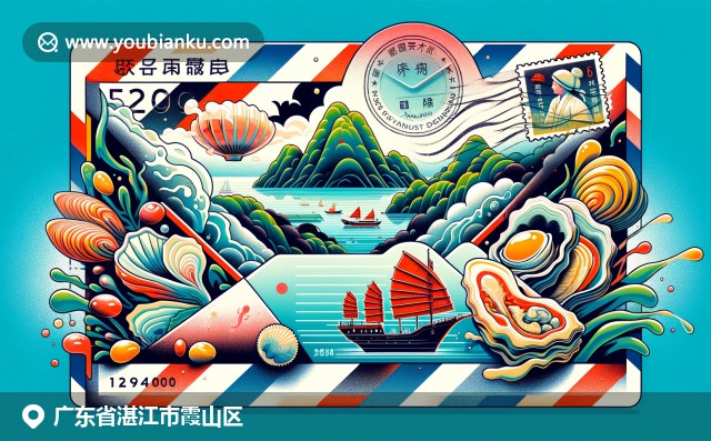 湛江市霞山区自然与海洋文化的结合，展现湖光岩景区、海鲜和传统帆船元素